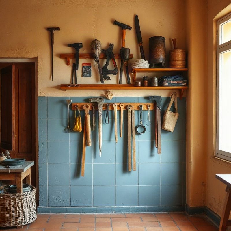 Interior de taller ordenado de Pulseespark con herramientas colgadas en pared azul
